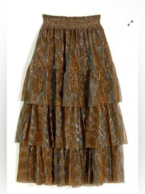 Draper James Tiered Midi Skirt in Lurex Plissé Gold NWT XS Retail $150